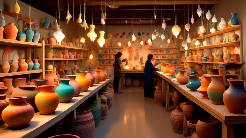 Create an image of a busy pottery studio in Color City, bursting with a vibrant array of beautifully hand-painted ceramic pots and vases, under the warm glow of hanging lights, with artists passionately shaping and painting their creations.