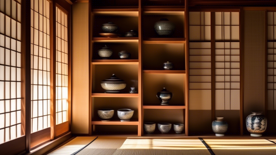 Stunning display of intricate Hall Japan pottery on wooden shelves against a traditional Japanese tatami room background, with soft sunlight filtering through shoji doors.