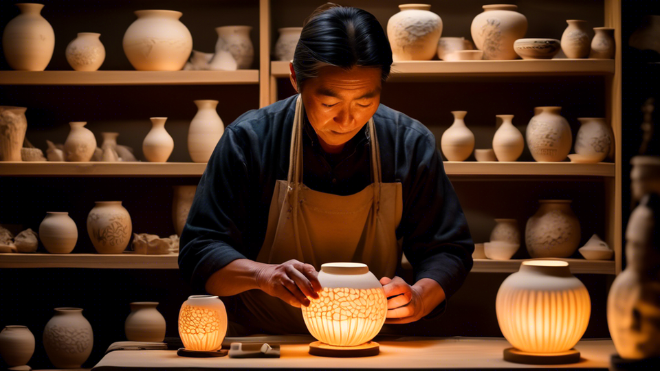 An artisan carefully sculpting a delicate piece of Seto pottery in a traditional Japanese pottery workshop, surrounded by ancient Seto ceramics on wooden shelves, under the warm glow of a paper lantern.