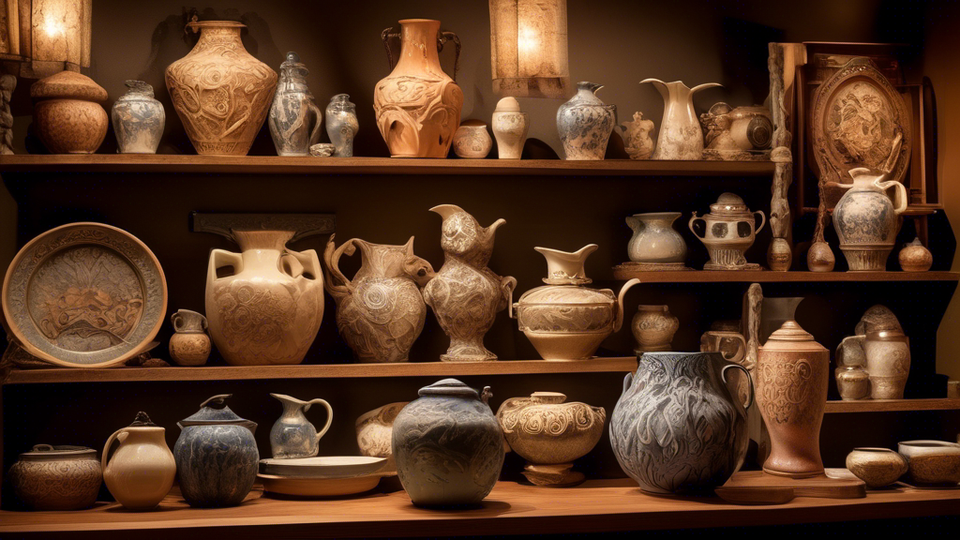 A collection of intricate, vintage European ceramics displayed in a rustic museum setting, showcasing designs from various historical periods, with soft, warm lighting highlighting the detailed artistry.