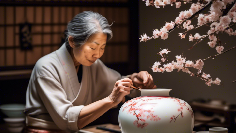 An artisan in a serene Japanese workshop delicately hand-painting a floral pattern on an exquisite Ardco porcelain vase, surrounded by cherry blossoms, with a light soft-focus effect to enhance the elegance of the craft.