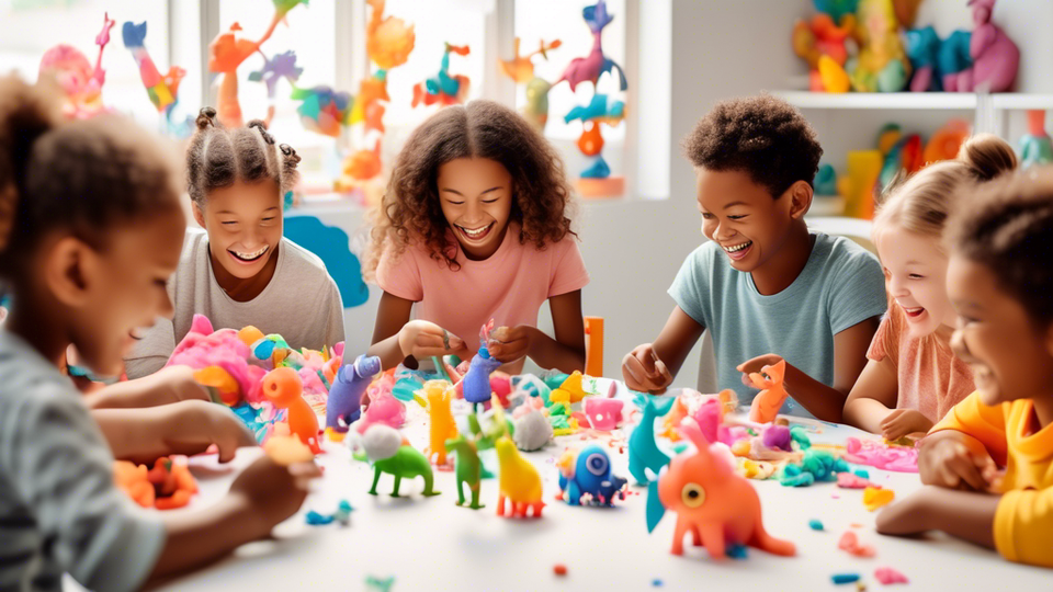 A group of children sitting around a table in a brightly lit room, laughing and crafting colorful creatures and shapes using foam clay modelling kits, with finished whimsical characters displayed in the foreground.