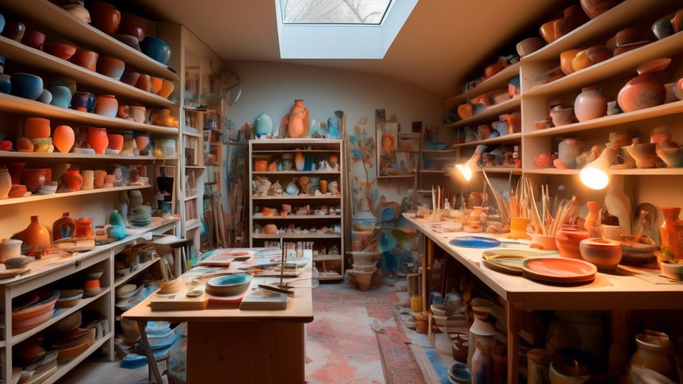 An artist's studio brimming with shelves of colorful, hand-painted ceramics ranging from vases to plates, under the warm glow of a skylight, with a palette and brushes on a worktable.