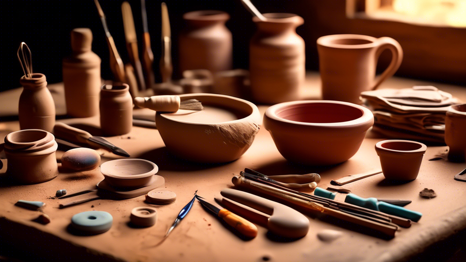 An artistic representation of a potter's workshop table covered with top tools for making clay earrings, including a rolling pin, clay slabs, cutters, and paint brushes, with a soft, warm light highlighting the creative process.