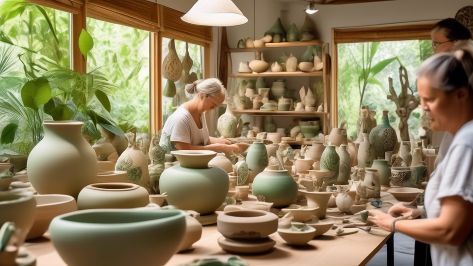 Showcase of ceramic artists in a sunlit studio surrounded by lush greenery, meticulously handcrafting pottery with intricate designs inspired by leaves, flowers, and wildlife.