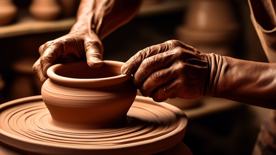 A skilled artisan's hands shaping a unique clay pot on a pottery wheel, with an array of finished, intricately designed pottery pieces in the background, encapsulating the essence of local pottery artistry, under a soft, warm light.