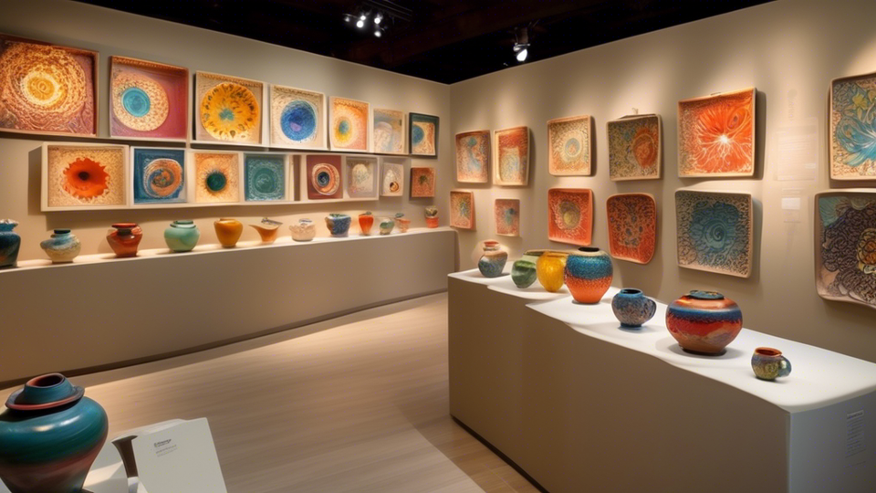 An elegant and vibrant art gallery showcasing the unique and colorful ceramic creations by the world's top popular pottery artists, with each piece illuminated under a spotlight, reflecting the diversity and creativity of contemporary pottery art.