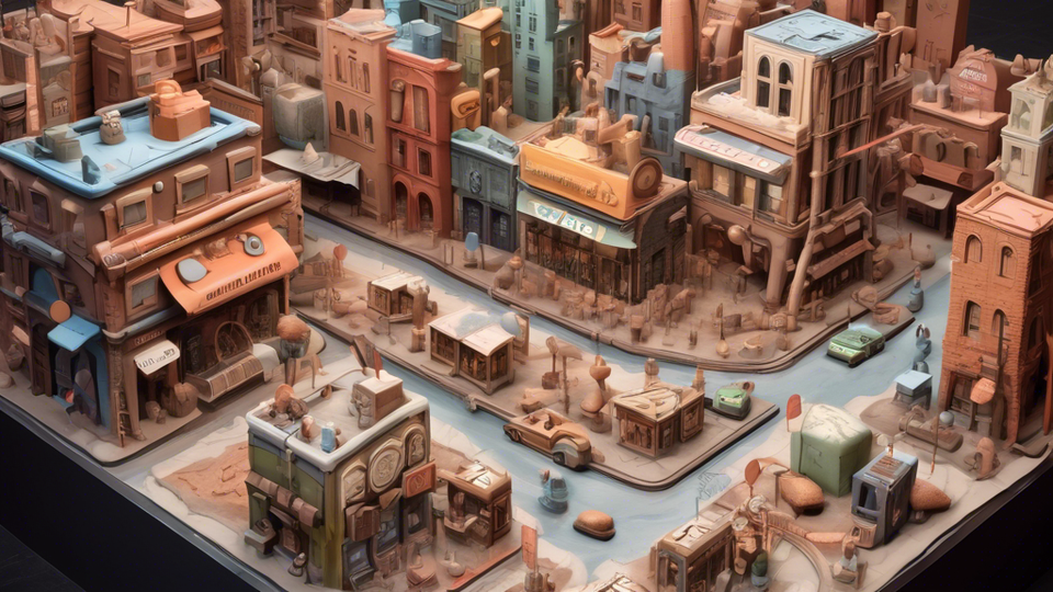 An imaginative city map highlighting all the specialized clay modeling tool shops in a bustling arts district, with each shop uniquely marked by a giant sculpted tool floating above it.