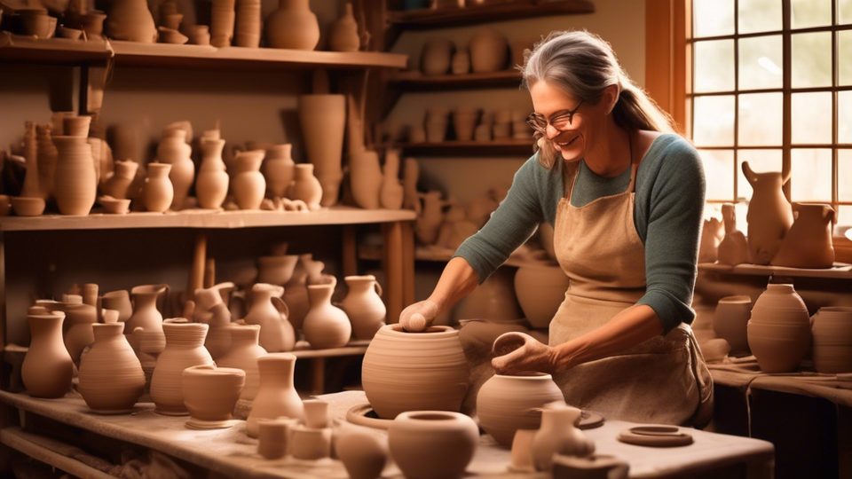 An inviting, cozy pottery studio filled with handmade ceramics and an entrepreneur joyfully shaping clay on a spinning wheel, with a soft, warm light illuminating the creative process.