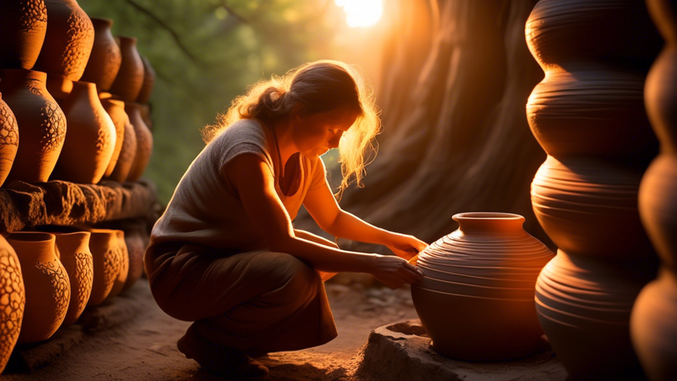 An expert potter carefully placing intricately designed, handcrafted pottery into an ancient, glowing kiln, with a magical, serene forest as the backdrop, illuminated by the warm light of a setting sun.