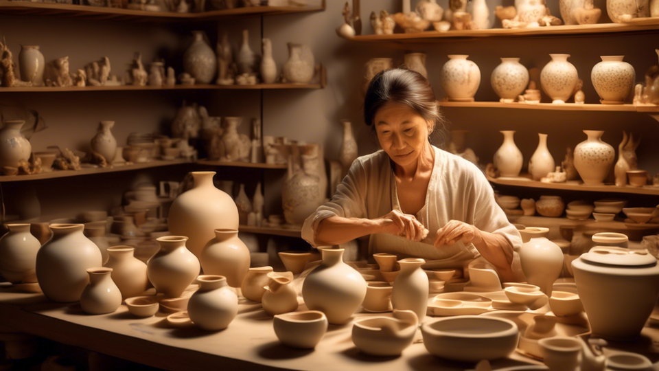 An artist in a serene studio, delicately throwing a vase on a pottery wheel, surrounded by shelves of exquisite porcelain masterpieces, under a warm, golden light.