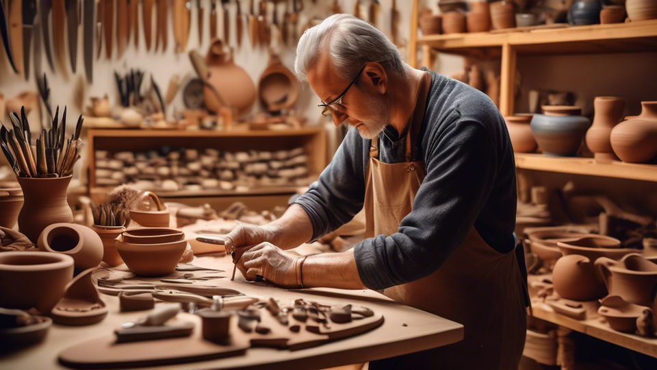 An artist thoughtfully selecting an intricately designed knife, surrounded by various types of clay and pottery tools, with a warm, inviting pottery studio in the background, showcasing a harmony of creativity and precision.