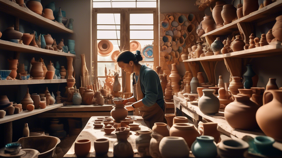 a vibrant workspace with an artisan shaping a clay pot on a pottery wheel and another artist blowing glass into intricate shapes, surrounded by finished pottery and glass crafts on shelves, with soft natural light illuminating the scene