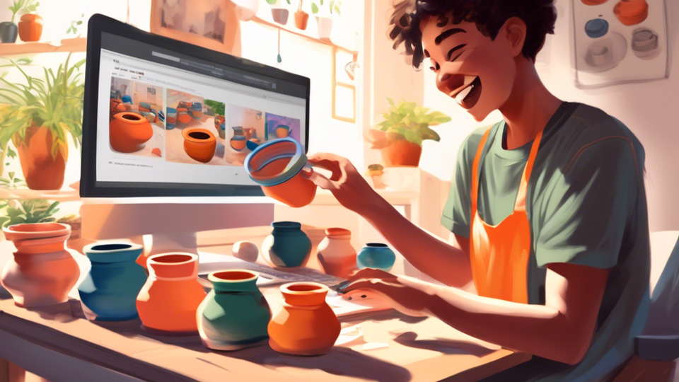 A digital painting of a young person excitedly unboxing vibrant ceramic pots that they ordered online, with a computer screen in the background displaying a webpage titled 'Beginner's Guide to Buying Ceramic Pots Online'.