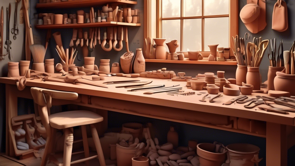 detailed illustration of a clay artist's studio with a variety of tools laid out neatly on a workbench, with price tags hanging from each one, in a cozy, inviting environment