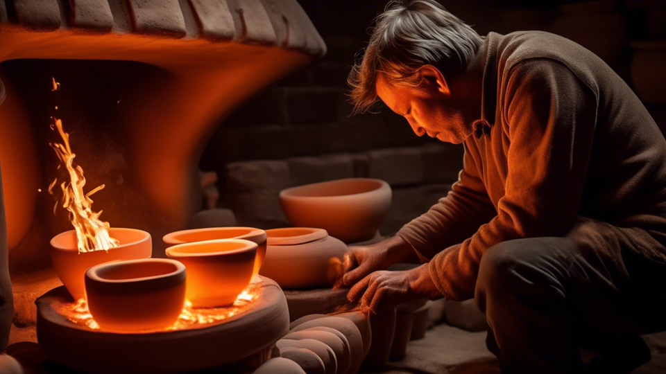 An artisan carefully placing ceramic pots into a traditional kiln surrounded by flames, with each step of the pottery firing process illustrated in detail around the edges, set against a backdrop of a cozy, dimly lit pottery studio.