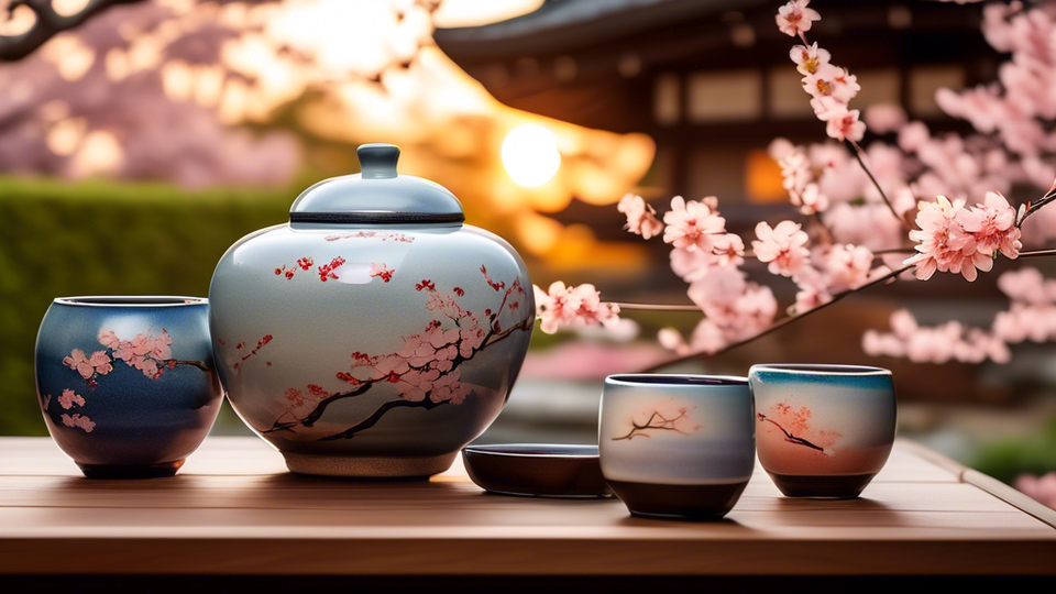 Create a detailed, vibrant image showcasing a collection of Hagi-Yaki ceramics in a serene, traditional Japanese garden setting at sunset, with sakura blossoms gently falling around.