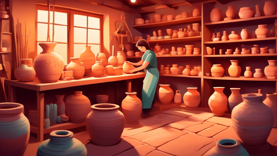 An illustration of a cozy pottery studio filled with hand-crafted ceramics, a potter shaping clay on a spinning wheel, vibrant glazes on shelves, and the glow of a kiln, symbolizing the journey of starting a successful pottery business.