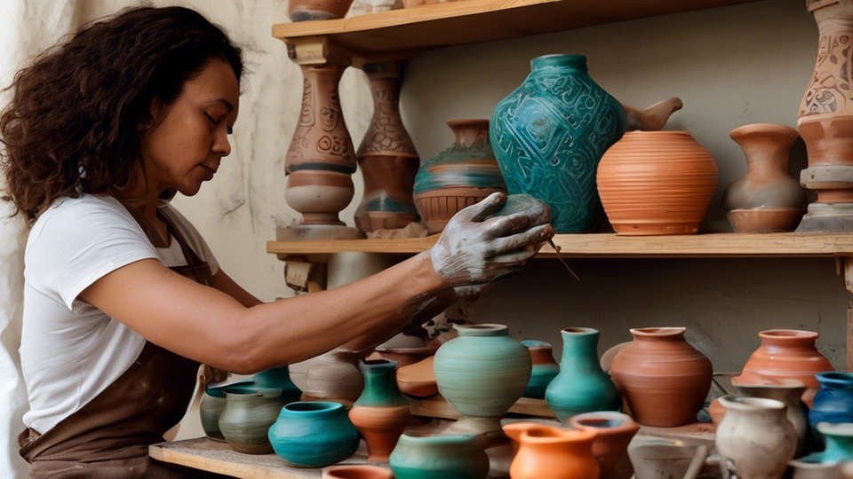 An artist with clay-covered hands carefully shaping a vase on a pottery wheel in a sunlit studio, with shelves of colorful ceramic creations in the background.