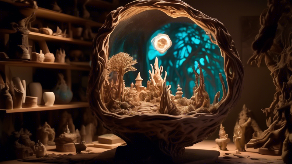 An enchanted clay shaper floating above a mystical artist's studio, magically sculpting a surreal, intricate sculpture that blends elements of nature, fantasy, and the impossible, illuminated by a soft, otherworldly glow.
