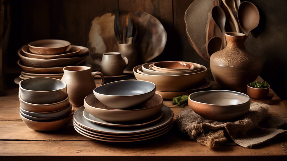 An artisan's workshop filled with handcrafted stoneware dinnerware, showcasing a variety of earthy tones and textures, set against a rustic wooden table with a warm, glowing light highlighting the intricate details.