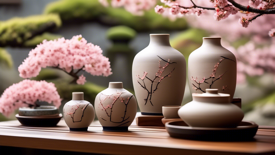 Create an image showcasing a variety of beautifully crafted Amari Japanese pottery pieces set against the backdrop of a serene Japanese garden during cherry blossom season.