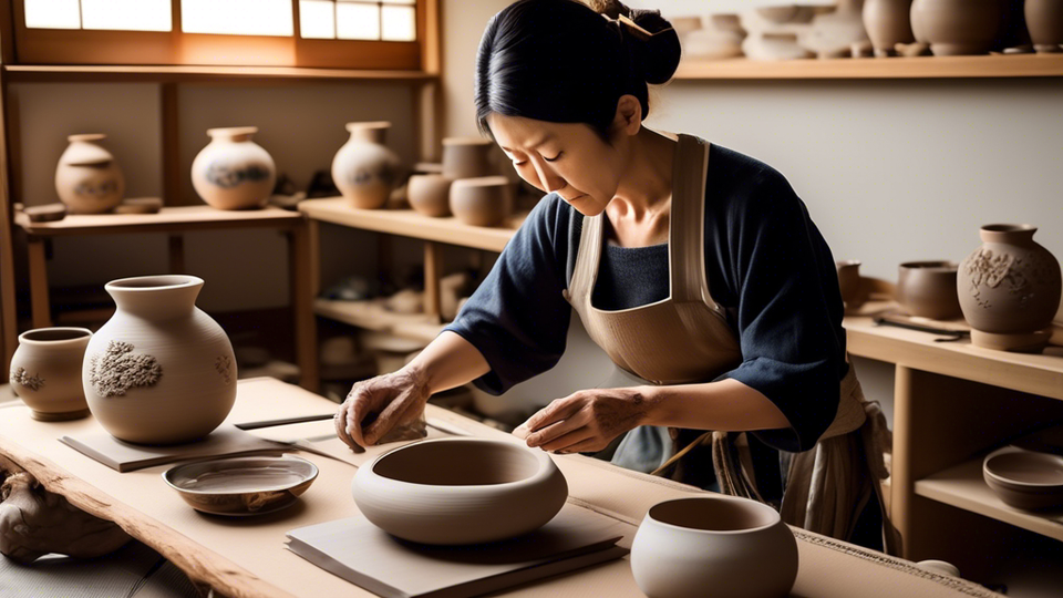 Create an intricately detailed image showcasing a serene and sunlit traditional Japanese pottery workshop in Takahashi, with artisans skillfully hand-painting and glazing an array of exquisite ceramic pieces, embodying Japan's rich artisanal legacy.