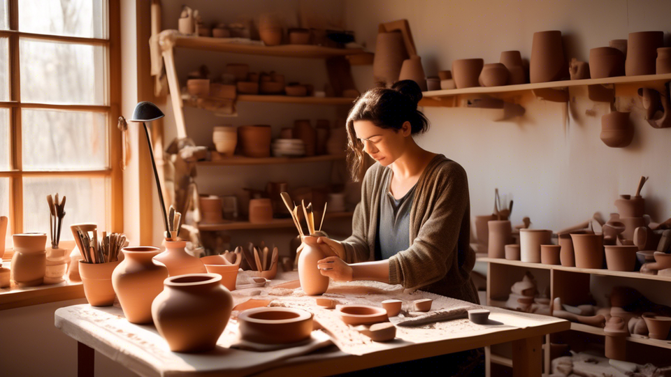 a cozy, sunlit home studio space with a beginner artist sitting at a table, shaping a simple clay pot, surrounded by tools and guidebooks on clay modeling