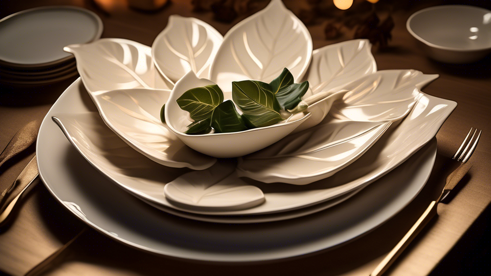 Dinner plates artistically shaped like leaves, holding a gourmet meal elegantly presented under soft, warm lighting.