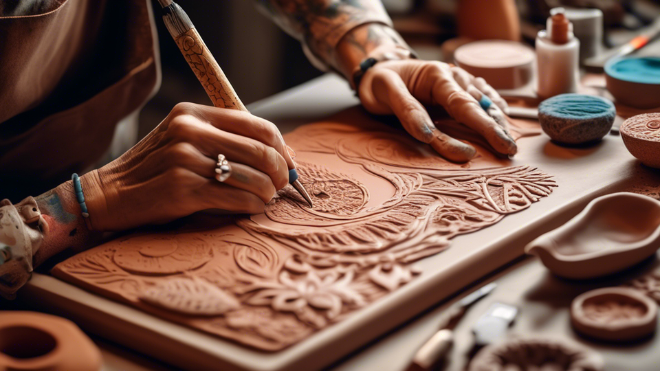 An artist's hands meticulously crafting intricate designs on a clay slab with a variety of embossing tools, surrounded by samples of beautifully embossed clay pieces, all set in a bright and inspiring art studio.