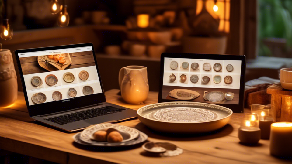 An array of intricately designed ceramic dishes displayed on a wooden table, with a glowing computer showcasing an online shopping page in the background, surrounded by soft, warm light in a cozy, rustic kitchen setting.