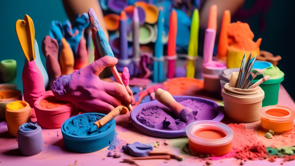 A vibrant display of various modeling clay kits, including tools and colorful clays, on a creative crafting table, with hands shaping a whimsical sculpture, under soft studio lighting.