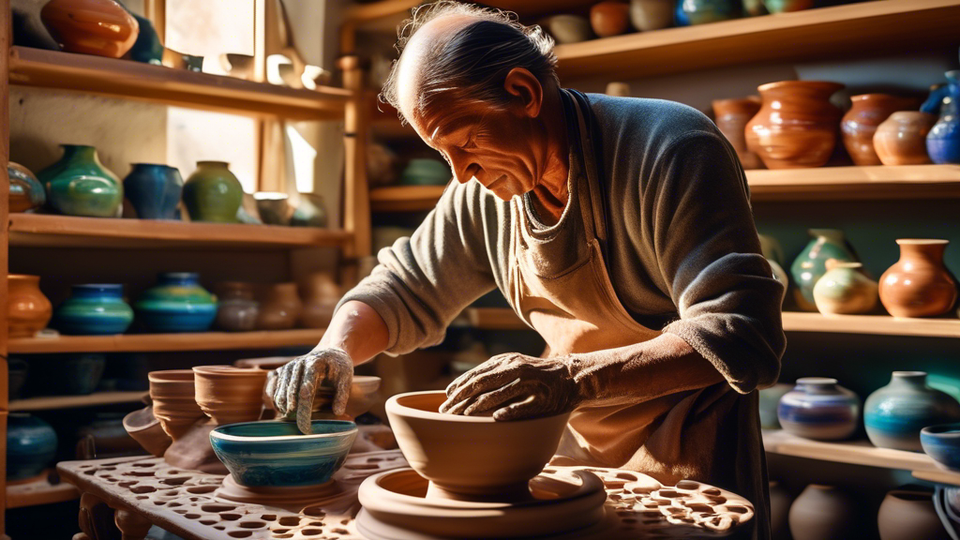 An artist in a sunlit studio, hands covered in clay, meticulously shaping an intricate ceramic bowl on a spinning pottery wheel, surrounded by shelves of colorful glazed ceramics, showcasing the ancient craft of bowl making.