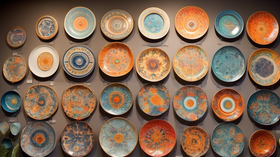 An elegantly arranged display of ceramic plates on a gallery wall, each intricately painted with a unique blend of contemporary and traditional designs, showcasing a vibrant exploration of colors and themes under soft lighting.