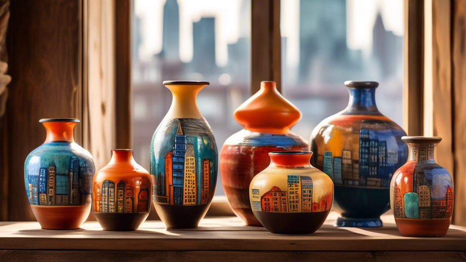 Vibrant, hand-painted pottery pieces elegantly displayed on a rustic wooden shelf, with a bustling urban cityscape visible through a large, sunlit workshop window in the background, showcasing a harmonious blend of traditional craft and modern city life.