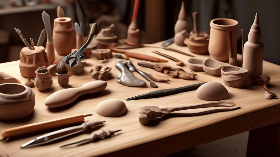 A digital illustration showcasing a variety of sculpting tools laid out on a wooden workbench, with an unfinished clay sculpture in the center, soft studio lighting highlighting the details, in the style of a classic fine art painting.