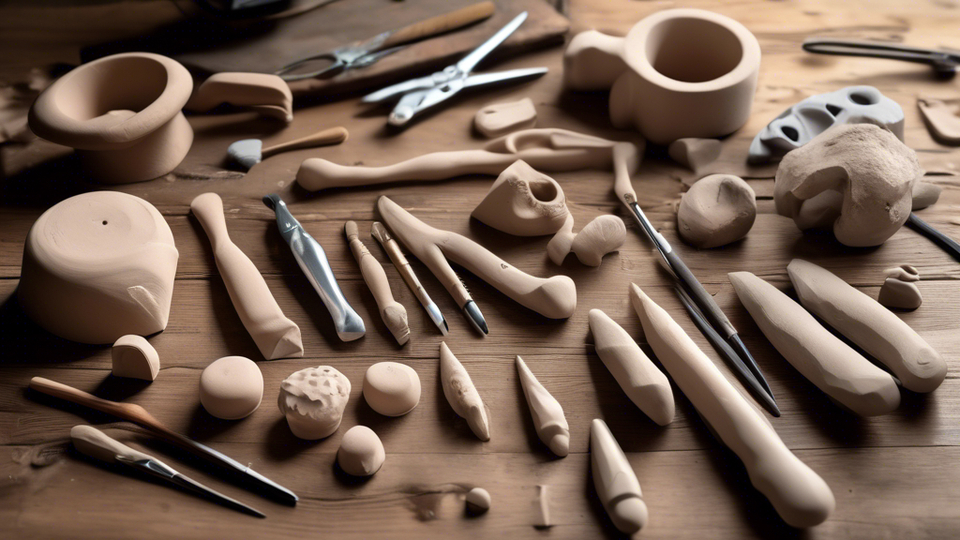 An array of essential sculpting tools laid out neatly on a rustic wooden table, highlighted by a soft, focused light, with an unfinished clay sculpture in the background.