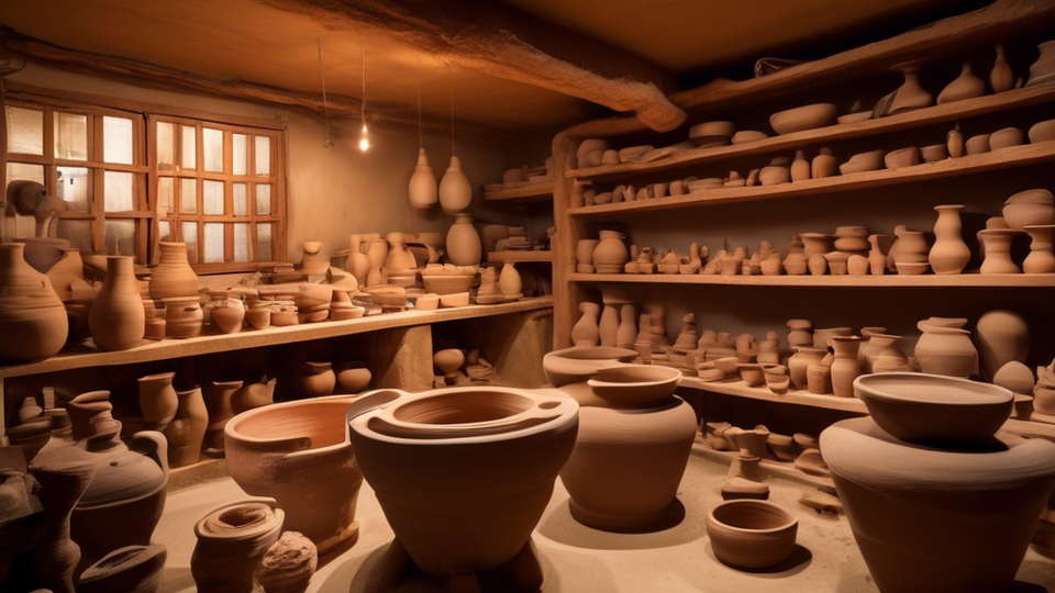 A serene pottery workshop filled with essential materials and tools, including clay, pottery wheels, various shaping tools, and kilns, all neatly arranged under warm, inviting lighting.