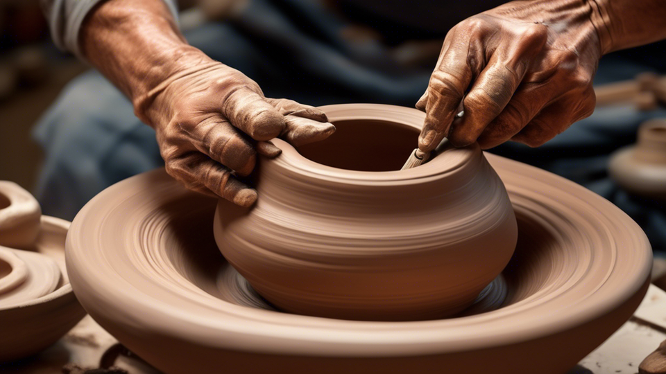 An artist's hands skillfully using top-of-the-line pottery turning tools to shape a perfect clay vessel on a spinning potter's wheel, with a variety of advanced pottery tools arranged neatly in the background.