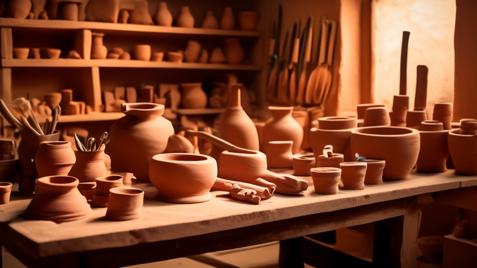 A cozy artisan workshop with an array of essential tools for terracotta making neatly organized on a wooden table, including a potter's wheel, clay, sculpting tools, and a kiln in the background, illuminated by soft, warm lighting.