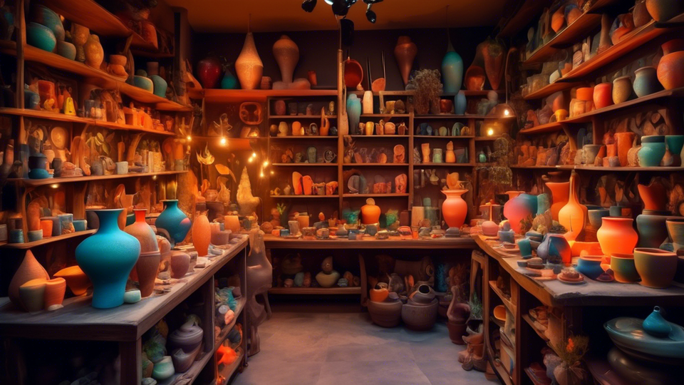 An enchanting ceramic shop interior filled with glowing, colorful pottery and magical tools, where modern artisans craft ceramics under soft, mystical light, amidst shelves of spell books and plants.