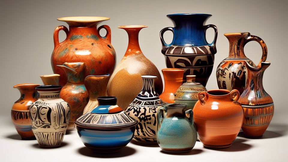 Create an image showcasing a diverse array of Western ceramics, ranging from ancient Greek pottery to modern artistic pieces, with a vibrant explosion of colors highlighting the evolution and style diversity in Western ceramics history.