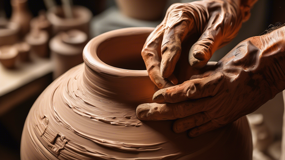 Detailed oil painting of an artist's hands skillfully using a variety of clay tools to sculpt an intricate ceramic vase masterpiece in a cozy, sunlit pottery studio.