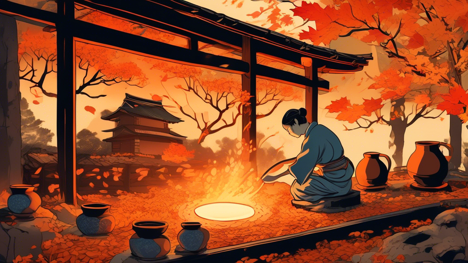 An artisan delicately placing intricate pottery into a traditional Japanese kiln surrounded by autumn foliage, with the glow of the firing process illuminating the scene, captured in a Ukiyo-e style illustration.