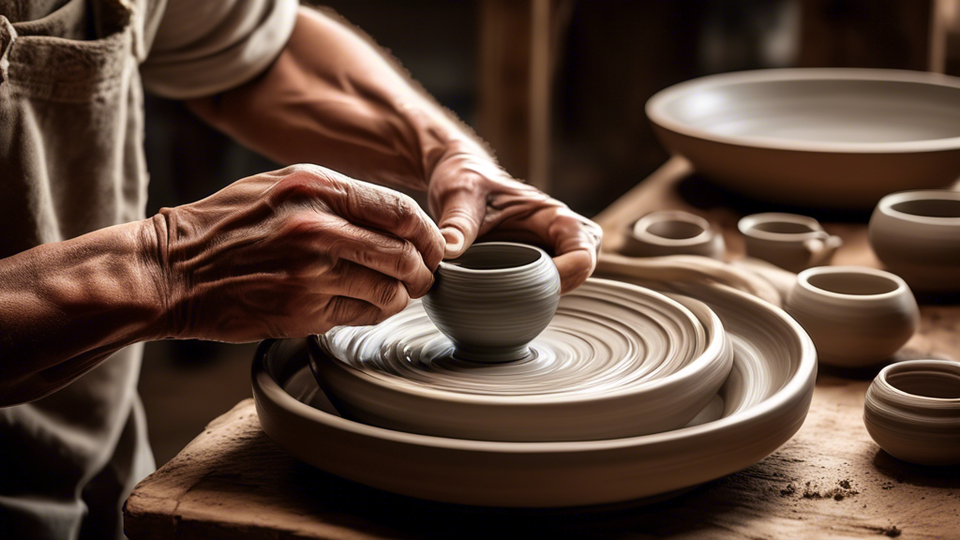 An artisan carefully shaping a piece of stoneware dinnerware on a pottery wheel, with a finished set of beautifully glazed hand-thrown dishes displayed on a rustic wooden dining table, soft natural light illuminating the unique textures and colors.