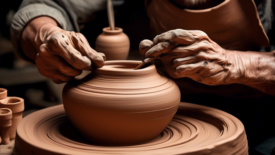 An artist’s hands meticulously using a variety of tools from a 42-piece pottery and clay sculpting set to shape and texture a beautiful clay pot on a spinning wheel, with the complete toolkit spread out on a wooden table in the background.