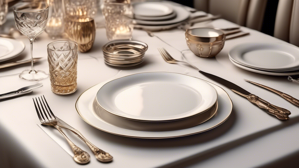 A beautifully arranged dinner table showcasing complete dinner set essentials including plates, flatware, glasses, and napkins, in an elegant dining room - ultra-detailed, hyper-realistic style.