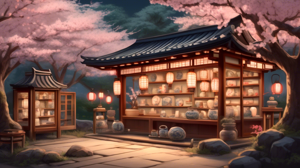 Illustration of an antique shop nestled in a serene Japanese garden, with shelves filled with intricate Thames Japan pottery, under a glowing lantern light, surrounded by blooming cherry blossoms.