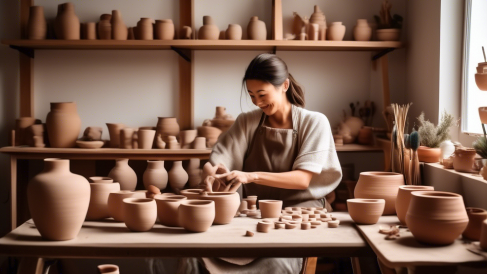 A cozy home studio setup with a beginner artist happily working on a pottery wheel, surrounded by handmade clay pots and vases, with a step-by-step guidebook open on the table.