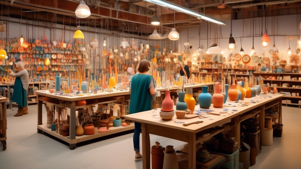 Inside a vibrant, spacious warehouse filled with rows of colorful ceramic pieces and diverse craft supplies, bathed in the soft, warm glow of hanging industrial lights, with artists and craftsmen happily engaging in their creative projects.